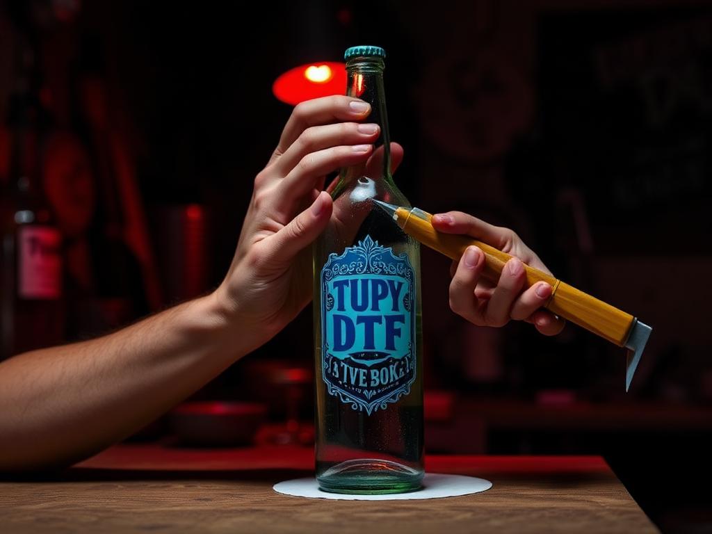 Aplicação de DTF UV numa garrafa de vidro